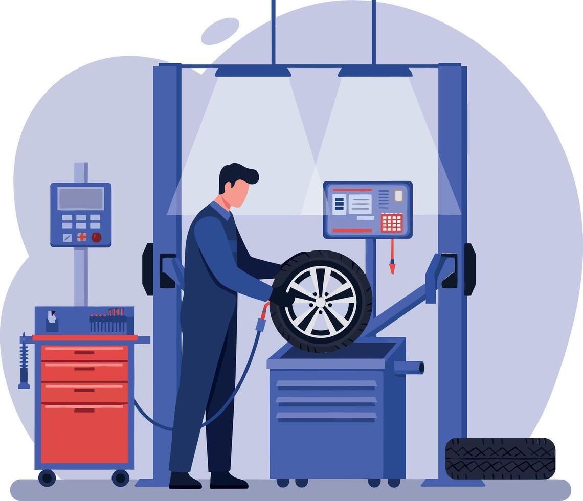 Mechanic working on a car tire at an automotive workshop in flat illustration vector
