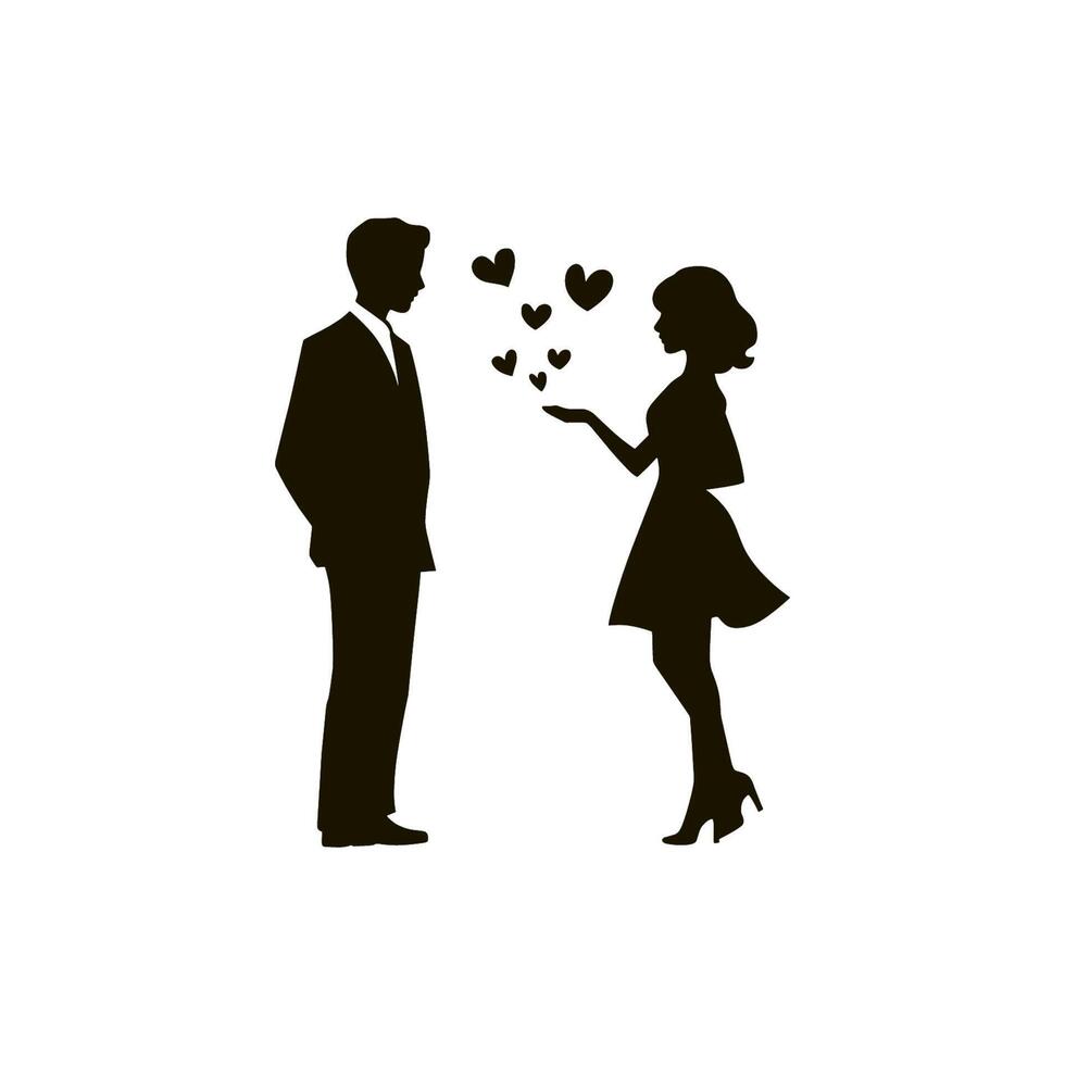 Silhouette of a man and woman standing in front of each other with hearts coming out of vector