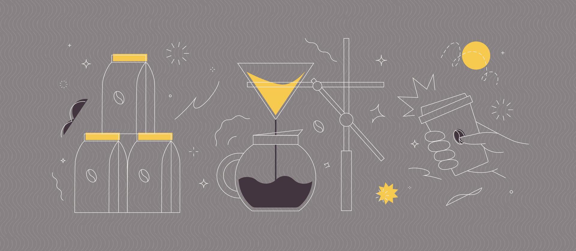 Coffee maker, pack, take away cup symbols drawing in modern linear art style on grey background vector