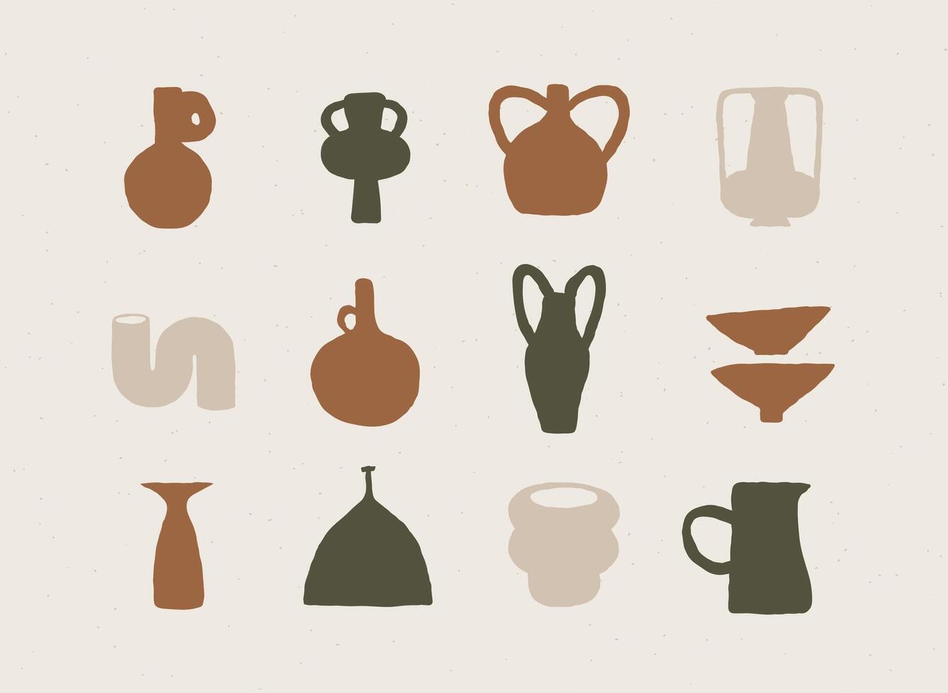 Vases ceramic set different form drawn in art style on light color background vector