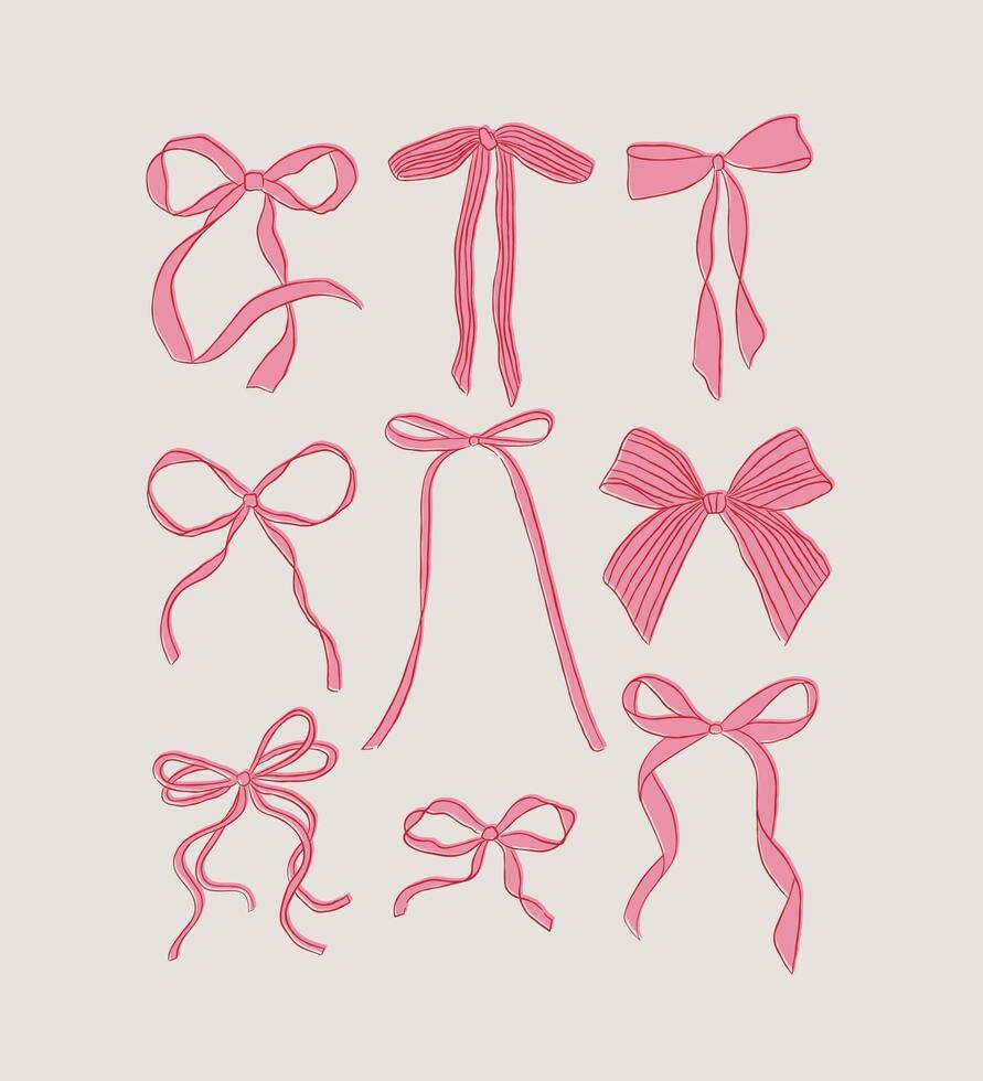 Bows of ribbon hand drawn sketch drawing with red and fill of pink on light background vector