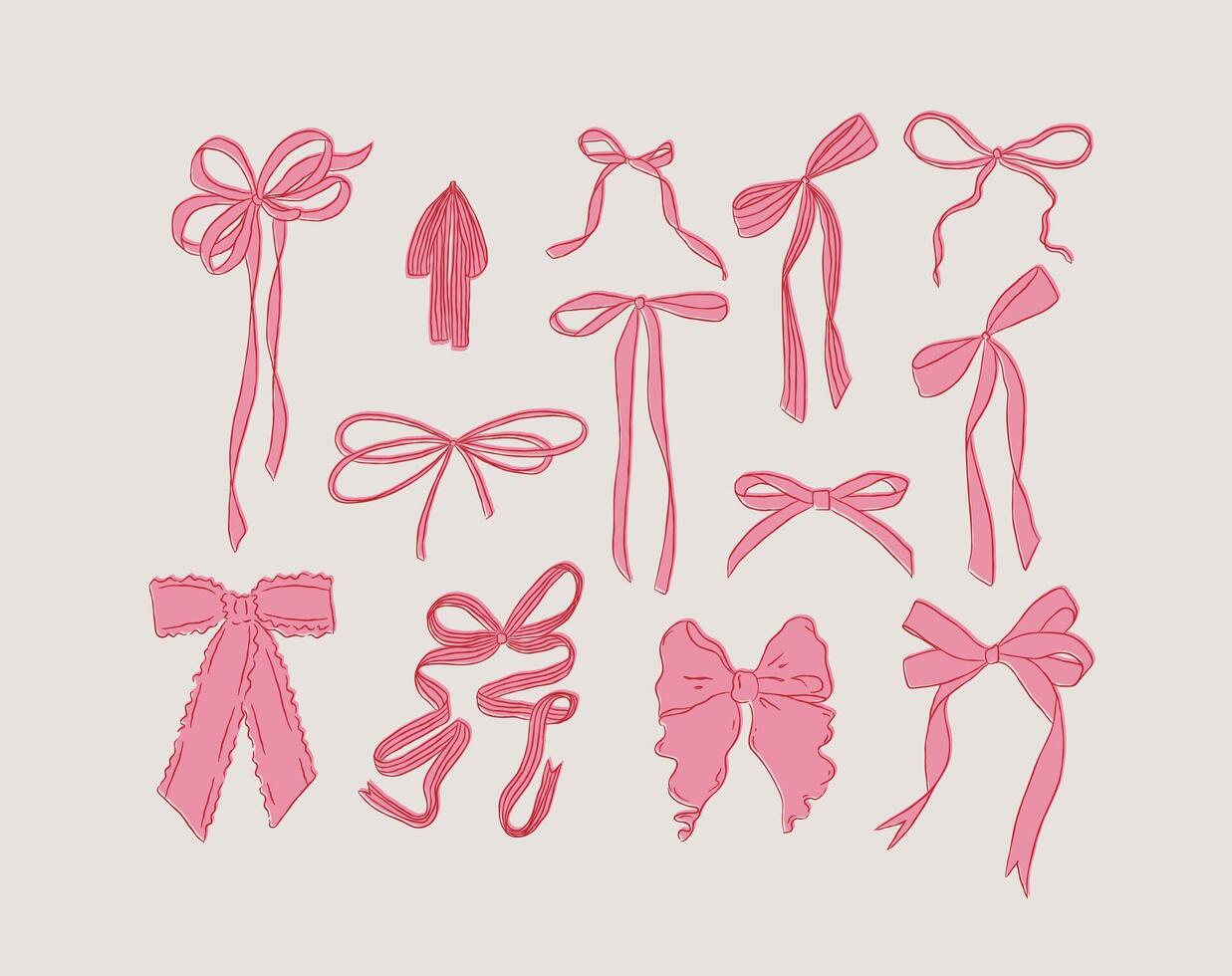 Ribbon bows hand drawn sketch drawing with red and fill of pink on light background vector