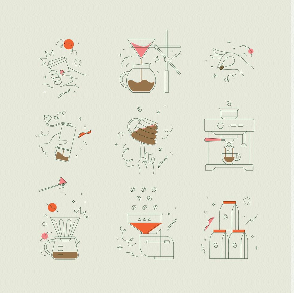 Coffee symbols set cup, pot, grinder, bean, machine, pot, mill, pack drawing in minimalist style on light background vector