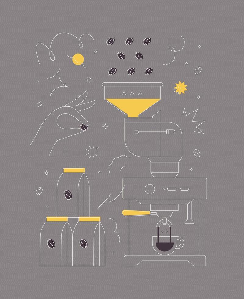 Coffee bean container coffee machine symbols drawing in modern linear art style on grey background vector