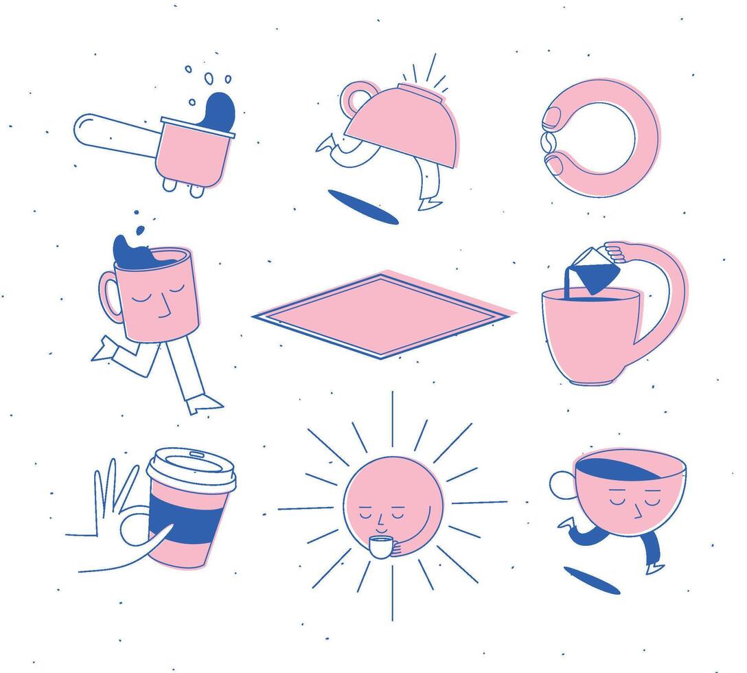 Coffee shop elements bottomless portafilter, running cup, coffee bean, sun, take away, milk jug drawing in cartoon flat line on pink vector