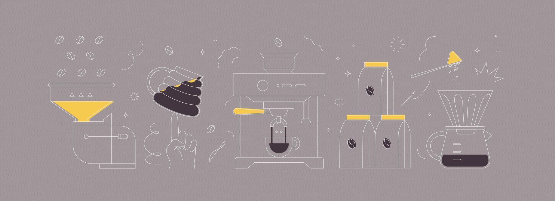 Coffee mill, cup, machine, pack, maker symbols drawing in modern linear art style on grey background vector