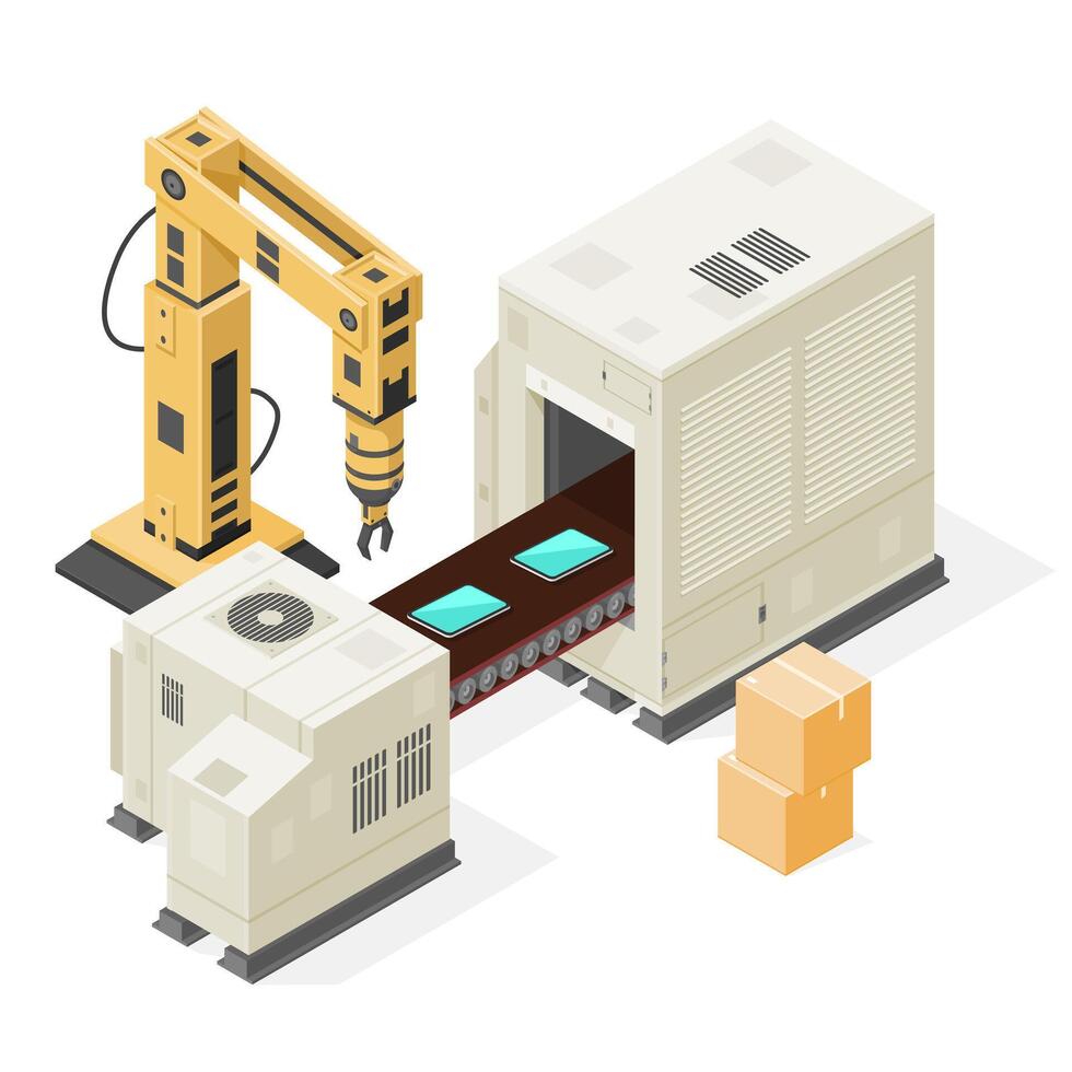 Illustration Icon of Isometric Industrial Factory Processing plant Assembly Line Machine. Technology depicting Hi-Tech Smart Device With Production and Packaging Robot Arm vector