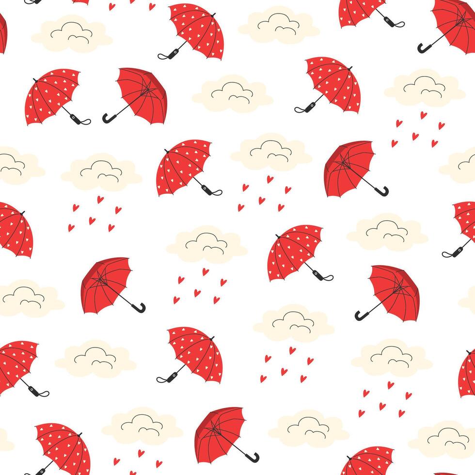 Seamless Valentine's Day Pattern with Red Umbrellas, Heart-Shaped Raindrops, and Clouds on White Background vector