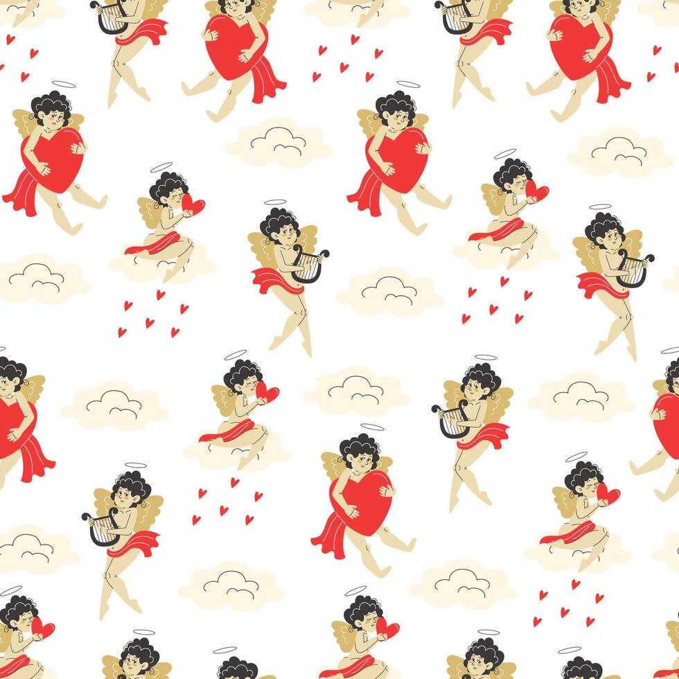 Seamless Valentine's Day Pattern with Cupids Sitting on Clouds, Playing Harp, and Hugging Hearts on White Background vector