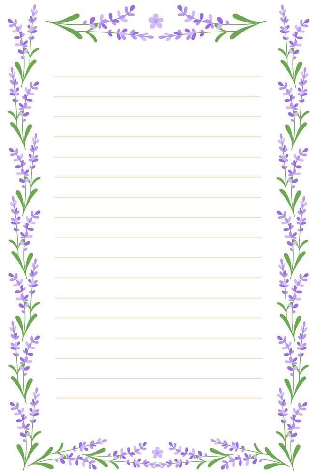 Paper Template for Letter or Notebook Page with Floral Borders of Spring Lavender Flowers vector