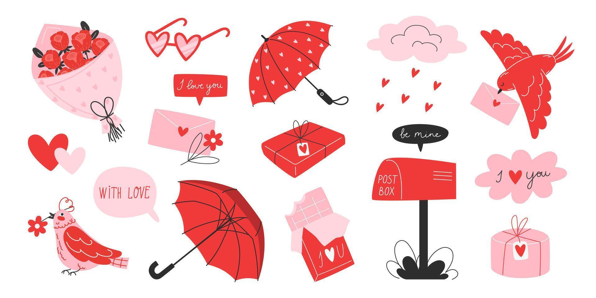 Set of Decorative Elements for Valentine's Day with Flowers, Bird, Umbrella, Envelope, Mailbox, Gift, Heart, and Cloud vector