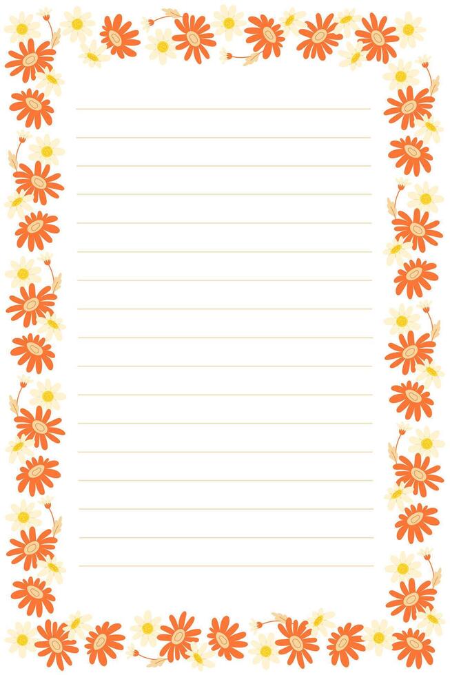 Paper Template for Letter or Notebook Page with Floral Borders of Spring White Daisies and Orange Gerberas vector