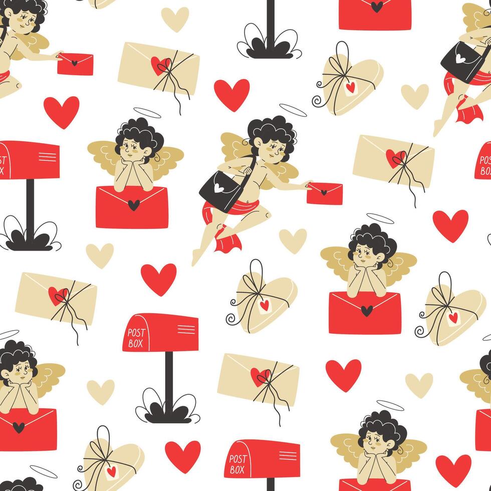 Seamless Pattern with Cupids Delivering Love Letters and Gifts to Mailbox on White Background vector