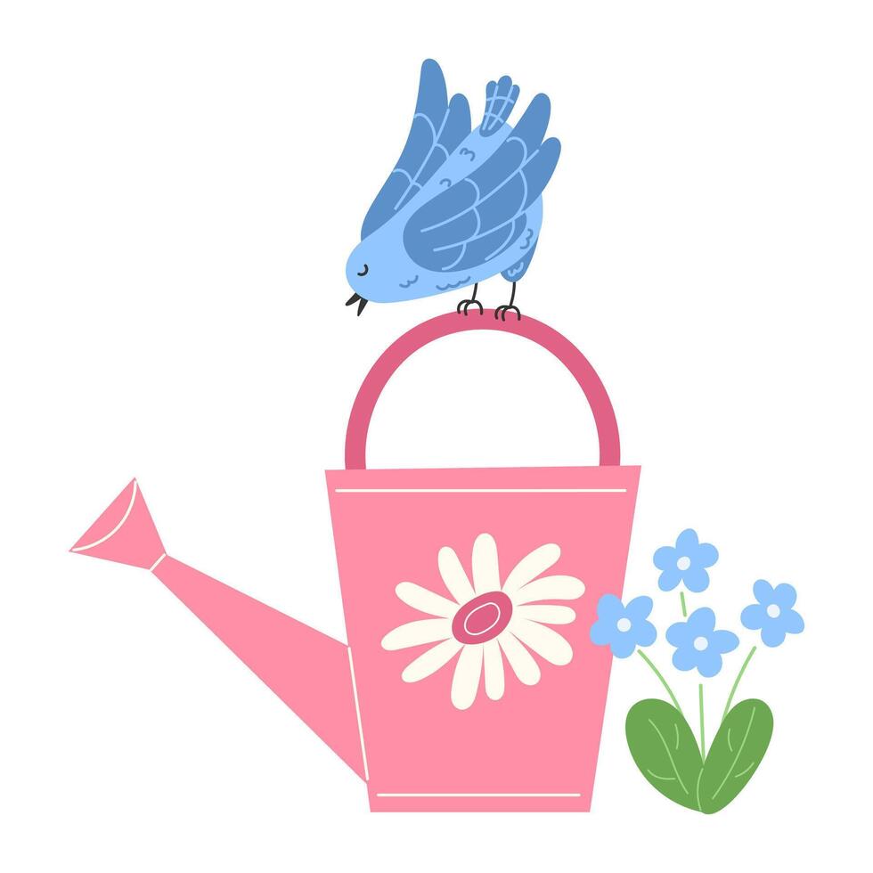 Blue Bird Sitting on Pink Garden Watering Can Among Light Blue Flowers and Spring Garden Tools vector