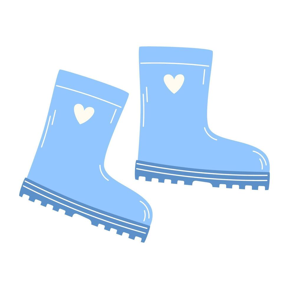 Blue Fashionable Rubber Boots with White Heart for Rainy Weather in Spring or Fall, Flat Style Isolated on White Background vector
