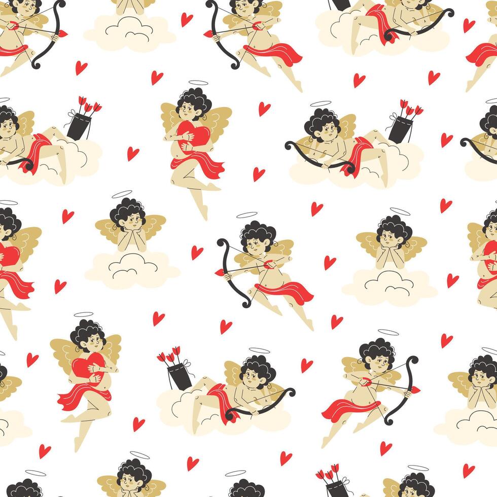 Seamless Valentine's Day Pattern with Cupids Sitting on Clouds, Shooting Arrows, and Hugging Hearts on White Background vector