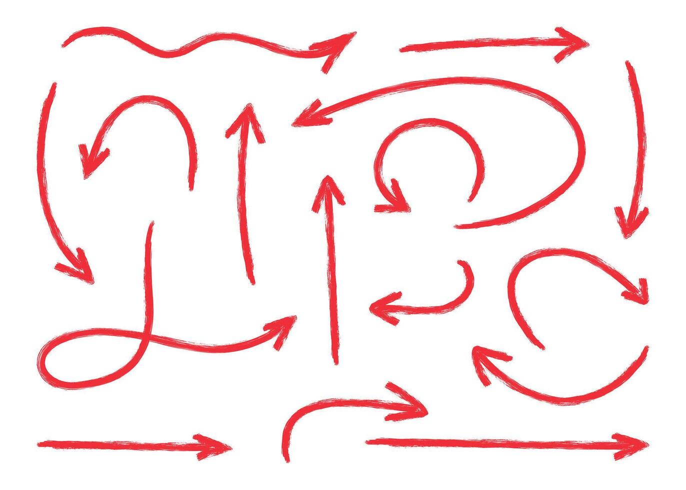 Squiggly red arrow set in flat style. Hand drawn crayon chalk elements. Doodle movement spiral arrows, lines. Pencil brush for icon, sketch, texture. Children illustration on white background. vector