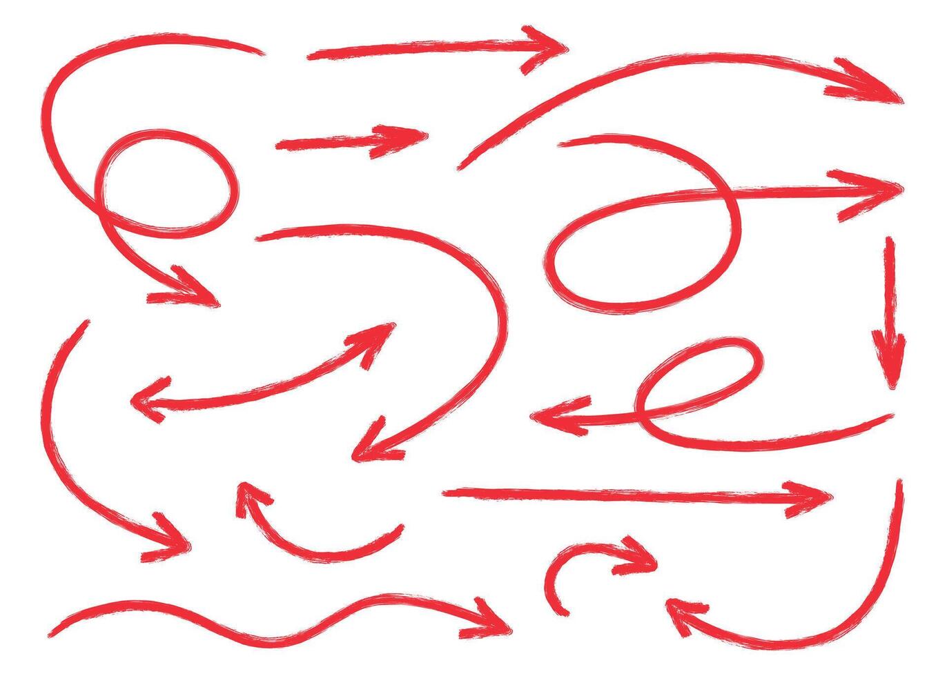 Squiggly red arrow set in flat style. Hand drawn crayon chalk elements. Doodle movement spiral arrows, lines. Pencil brush for icon, sketch, texture. Children illustration on white background vector
