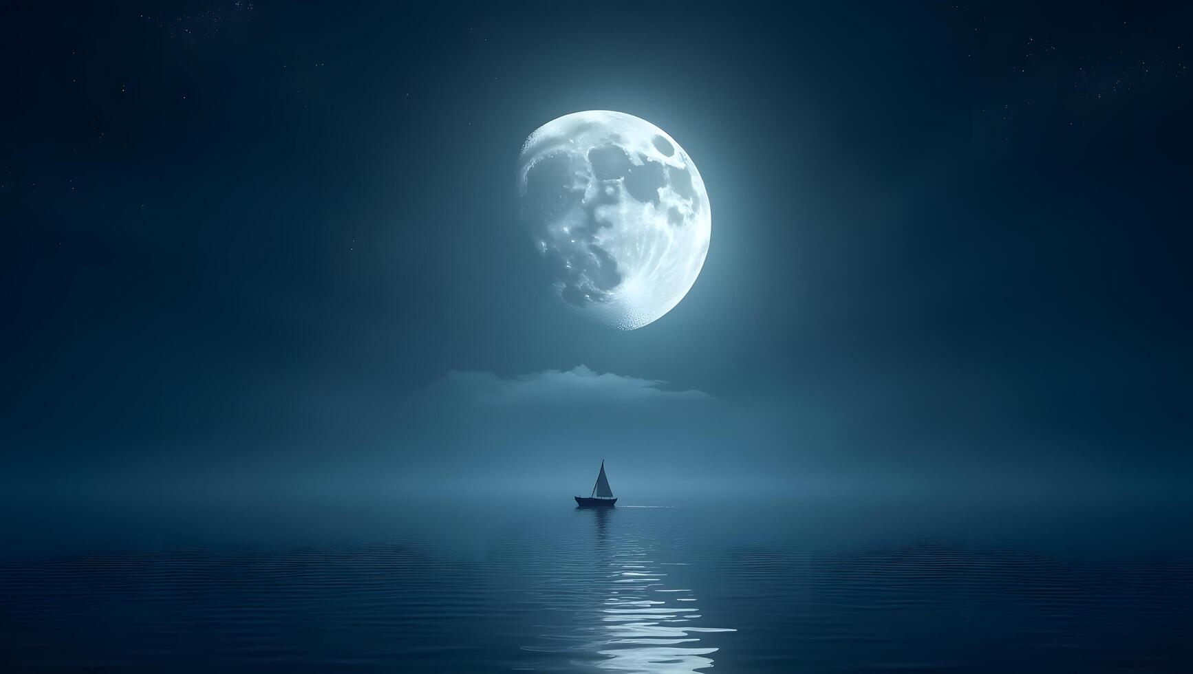 a boat is floating in the ocean under a full moon photo