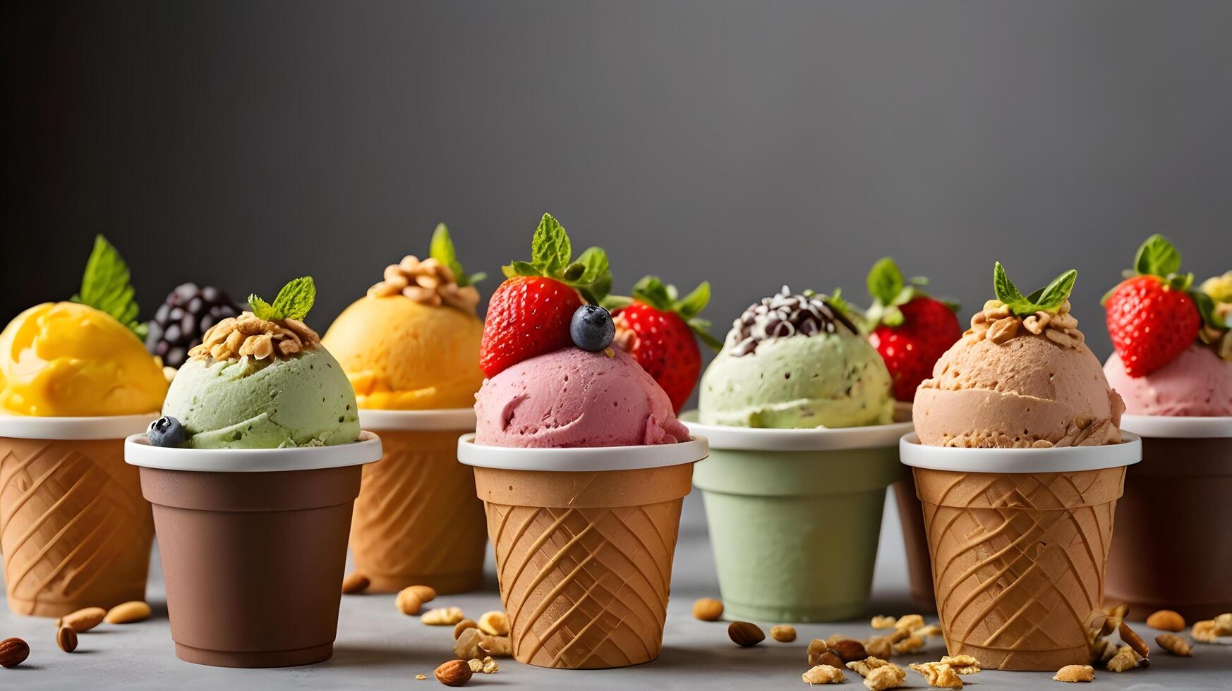 ice cream in cups with strawberries, nuts and berries photo