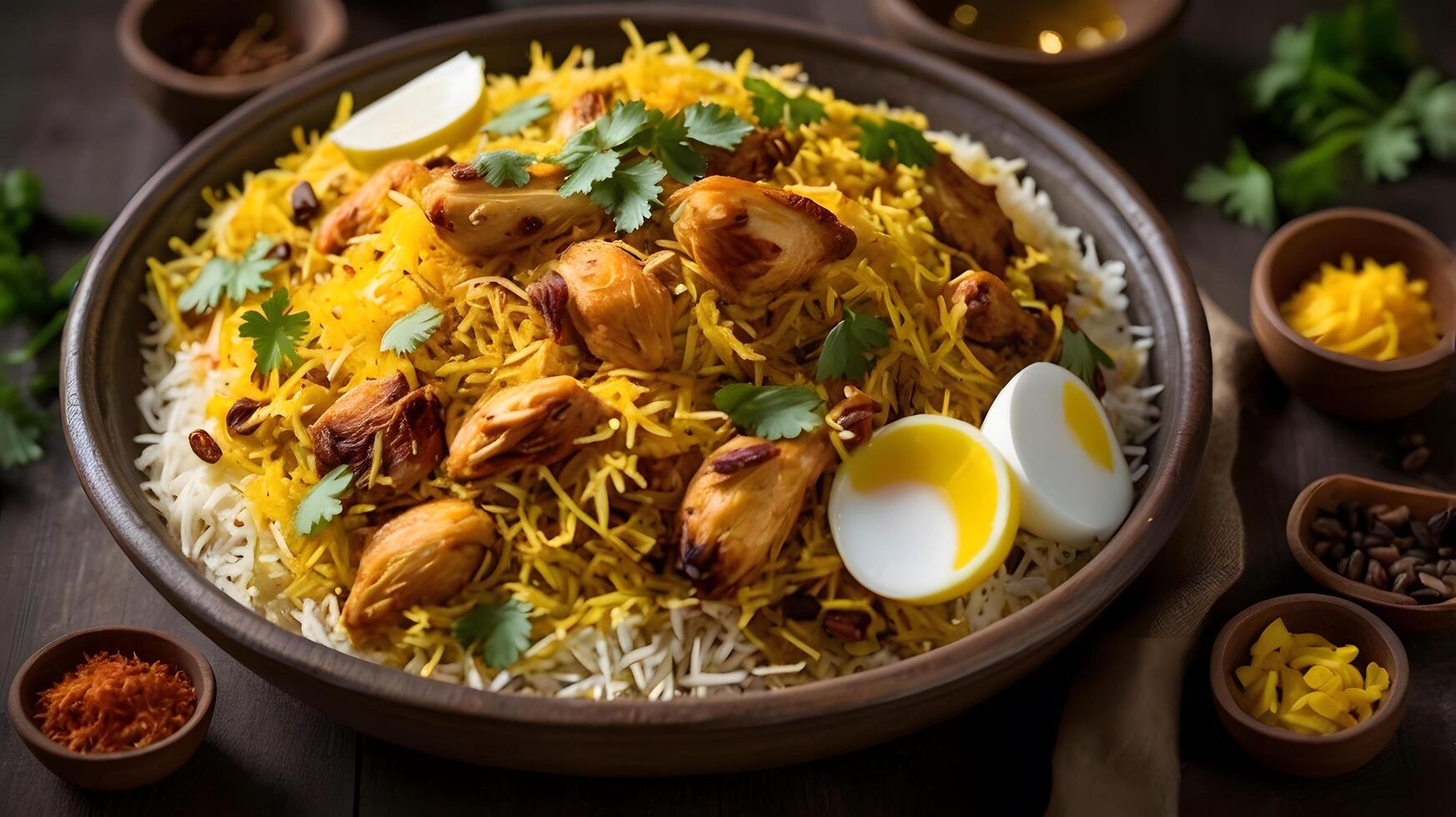 indian chicken biryani with rice and eggs photo