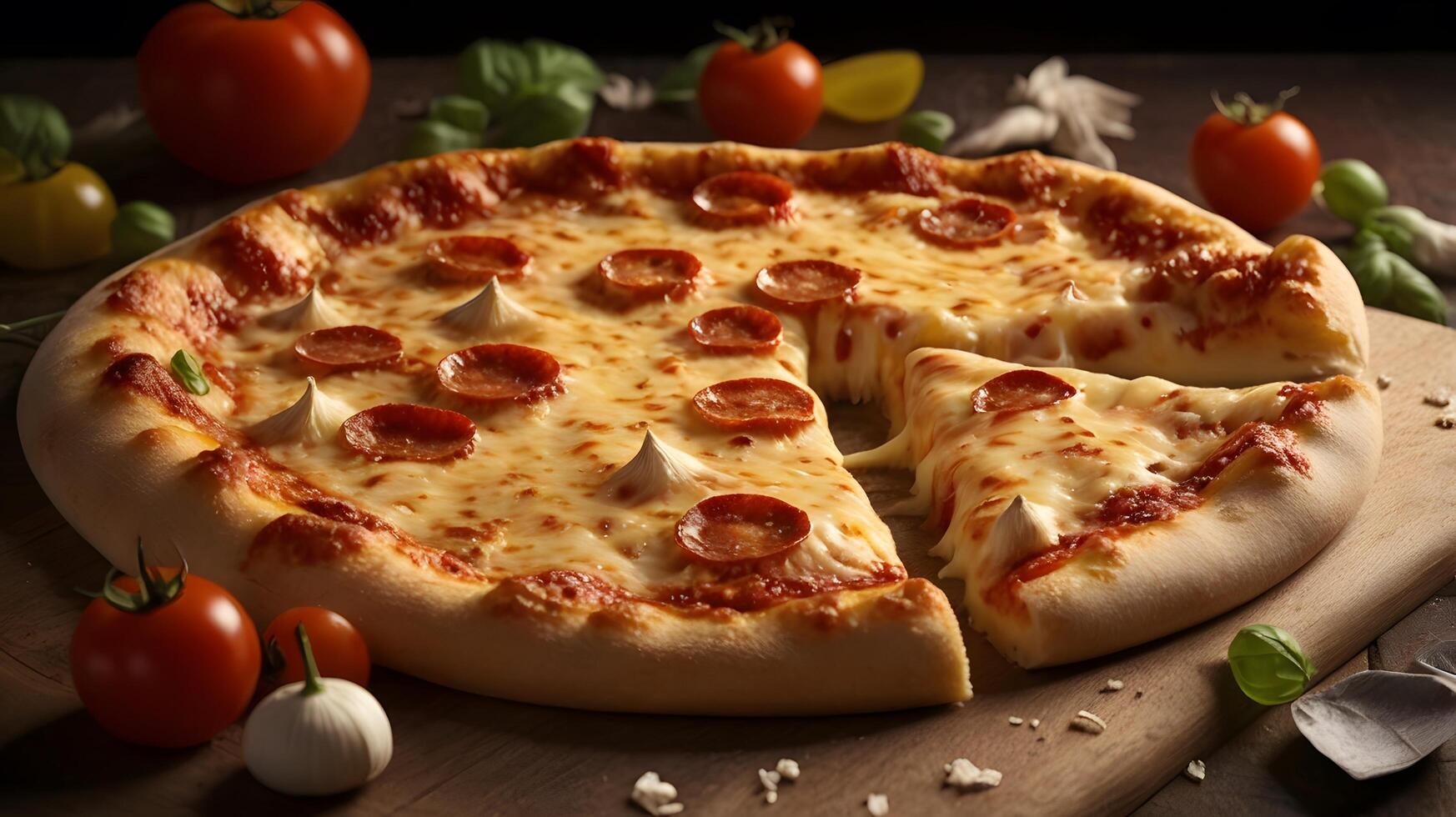 a pizza with pepperoni and tomatoes on a wooden cutting board photo
