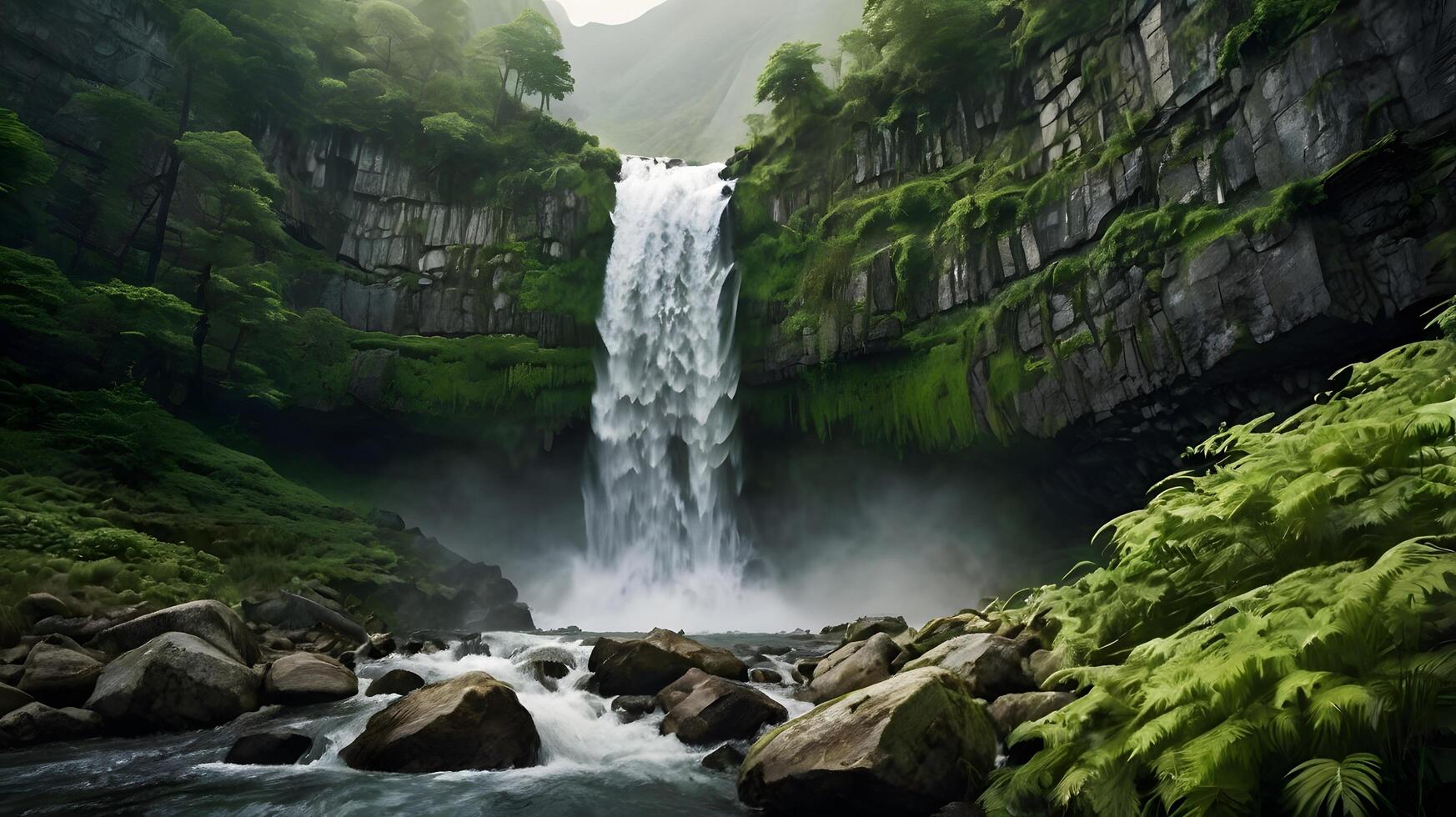 a waterfall is shown in the middle of a lush green forest photo