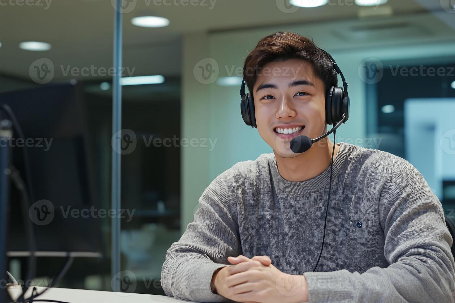 Happy Customer Service Representative Wearing Headset in Modern Office photo