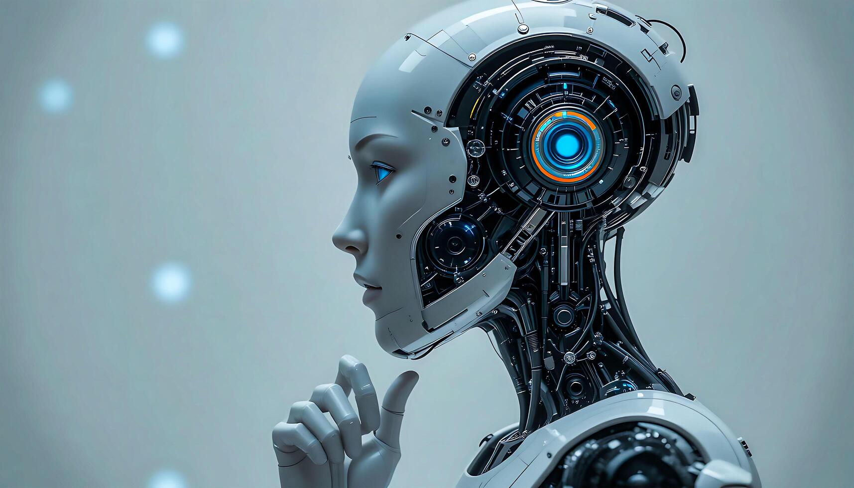 Thoughtful AI Robot Close-up of a futuristic android. photo