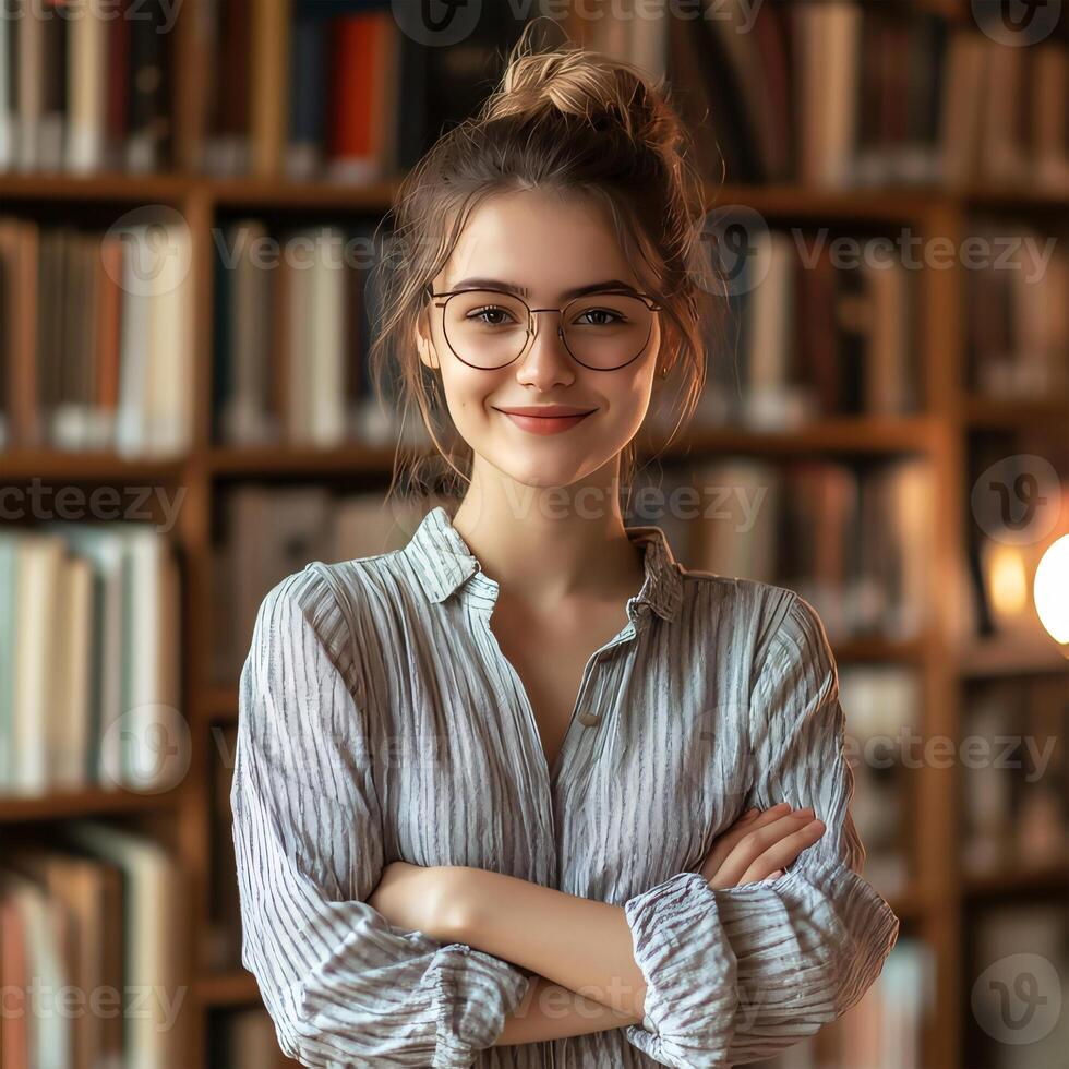 Confident young woman in library, ready to learn photo