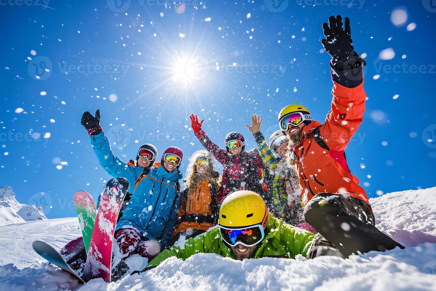 Happy friends enjoying a mountain adventure. photo
