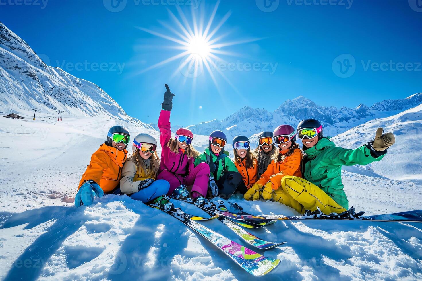 Happy Friends Enjoying a Sunny Ski Day in the Mountains photo