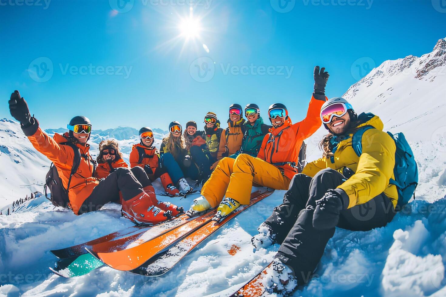 Happy Skiers Posing Together in Snowy Mountains photo