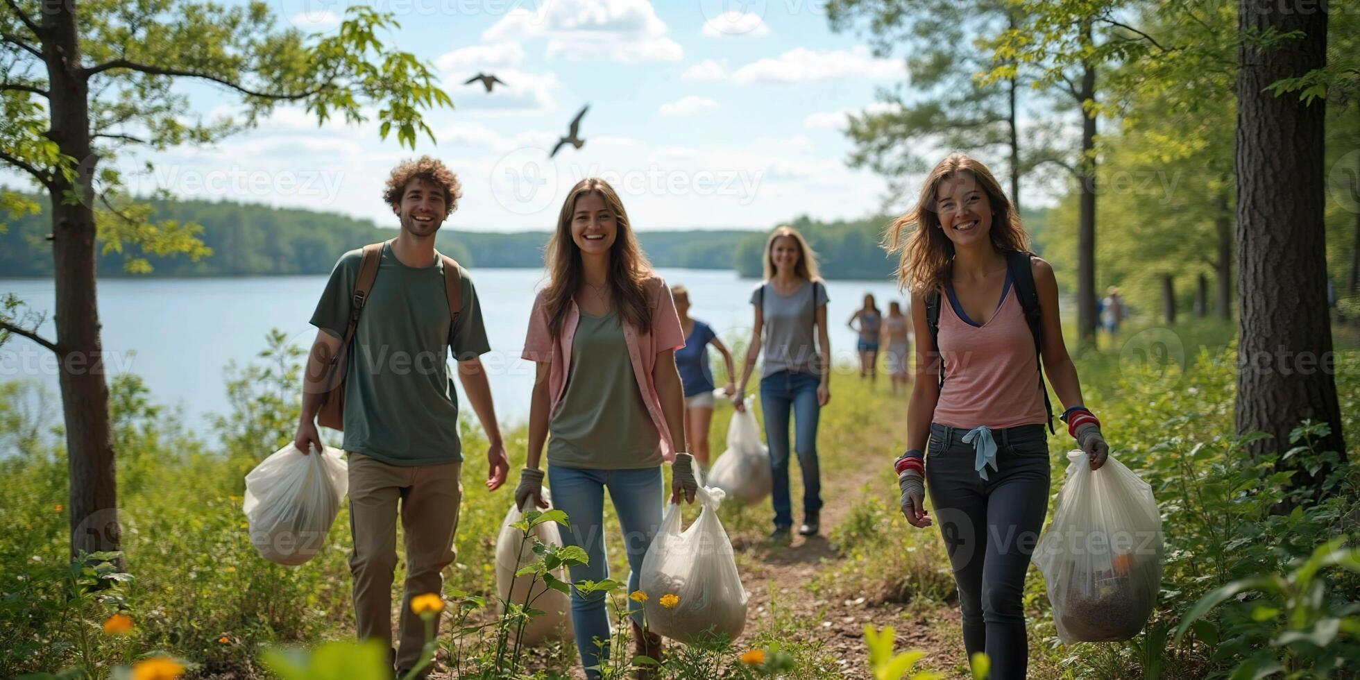 A group of volunteers pick up trash along the lakeside trail photo