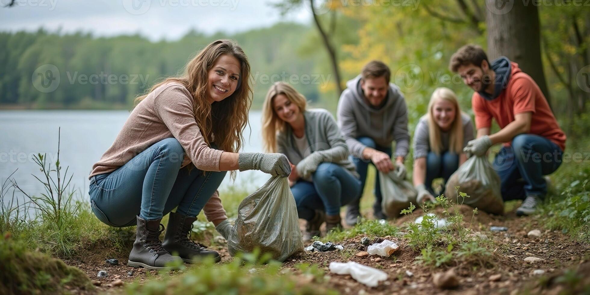 A group of volunteers pick up trash along the lakeside trail photo