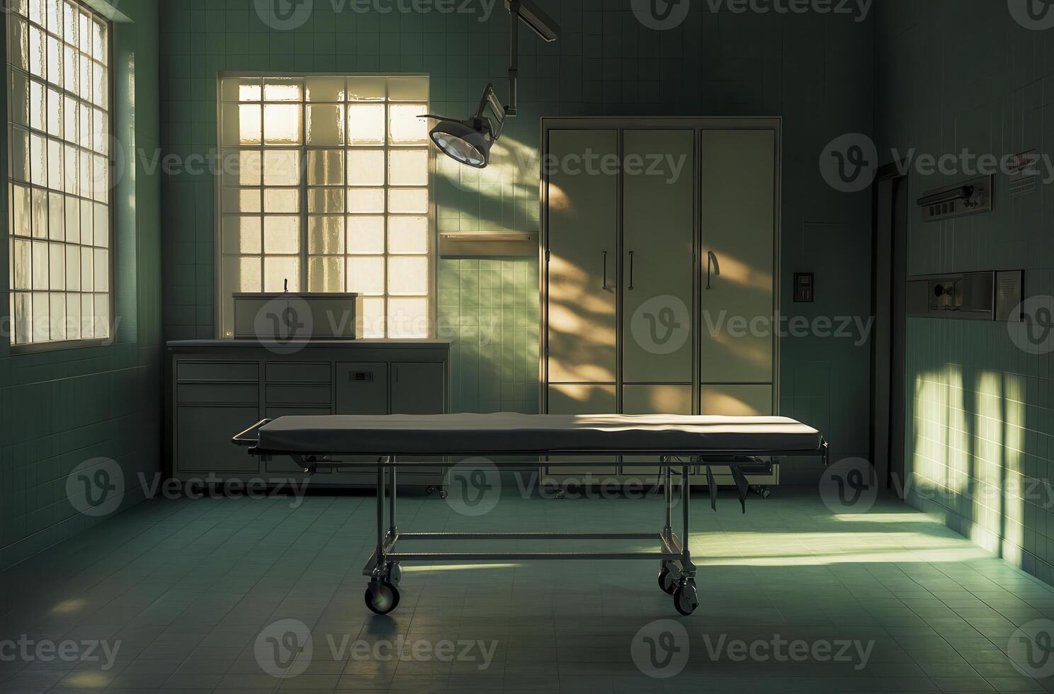 Empty Medical Examination Room with Sunlight and Teal Walls photo