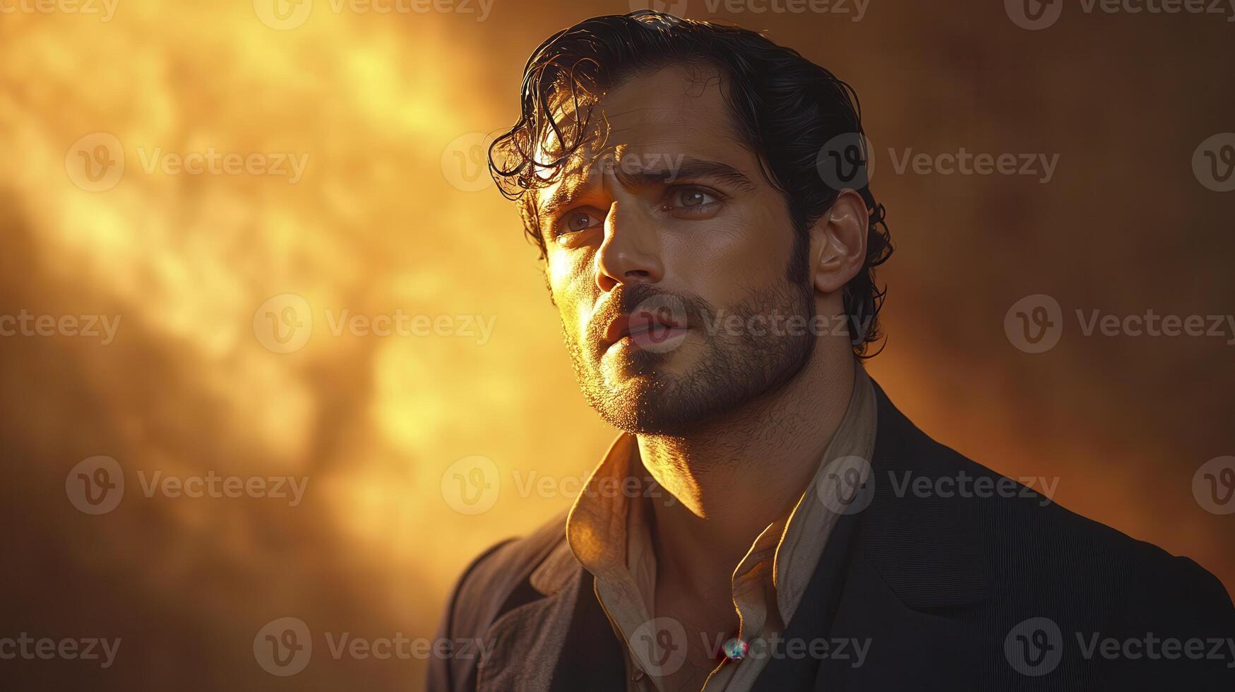 Thoughtful Person In Dark Suit With Golden Background Portrait photo