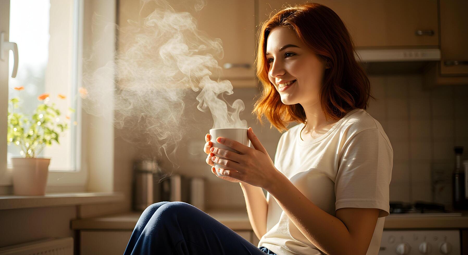 Woman Enjoying Hot Drink at Home with Window Light photo