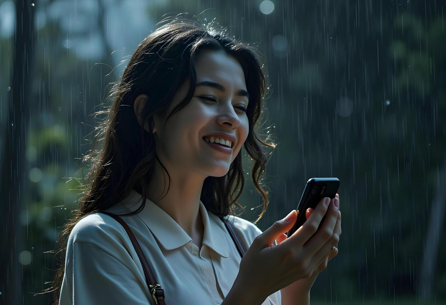 Smiling Woman Using Smartphone in the Rain Outdoors with Positive Vibes photo
