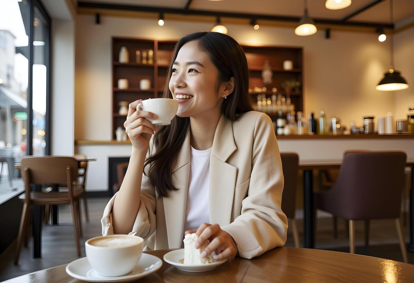 Woman Enjoying Coffee and Cake in Bright Cafe with Relaxed Vibe photo