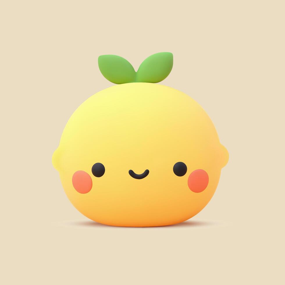 A cute yellow lemon with green leaves and a smiling face on beige background vector