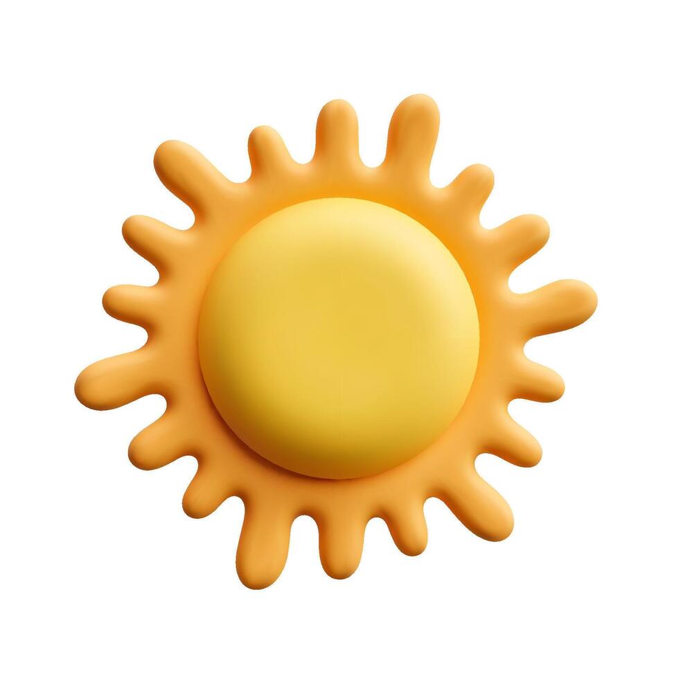Yellow sun with rounded rays and glossy texture isolated on white background in cartoonish summer theme vector