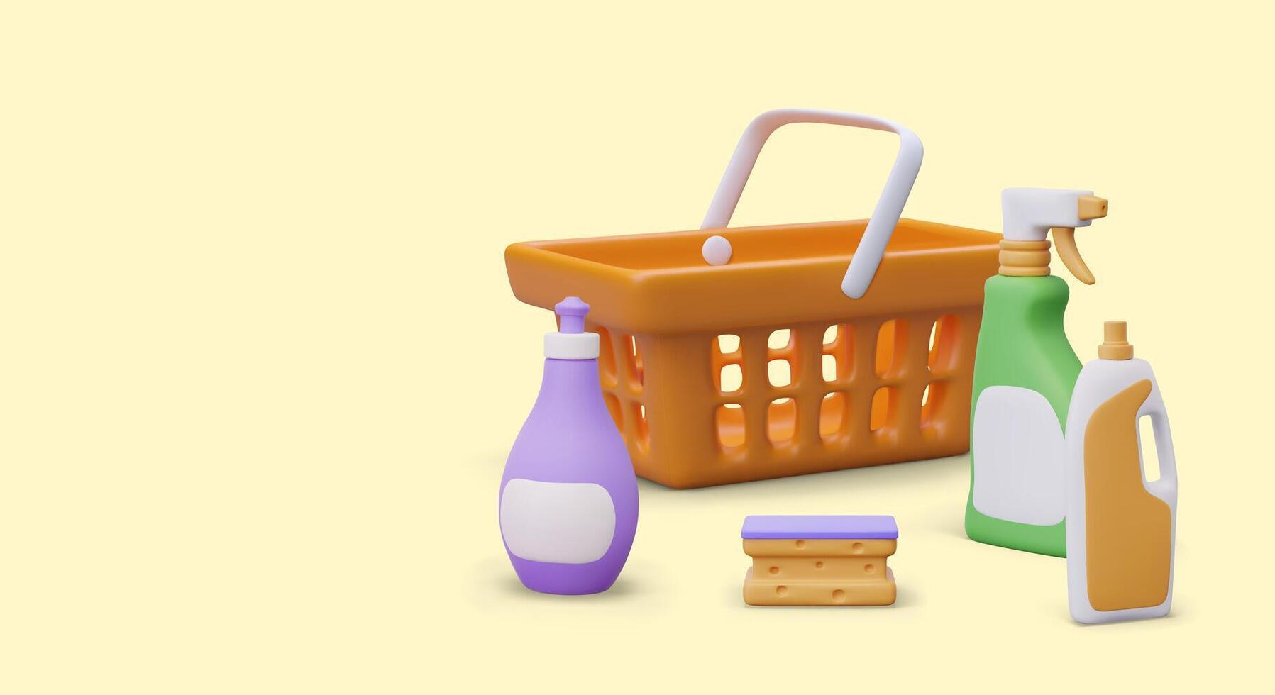 Advertisement of store with detergents and cleaning tools. composition in 3D style vector
