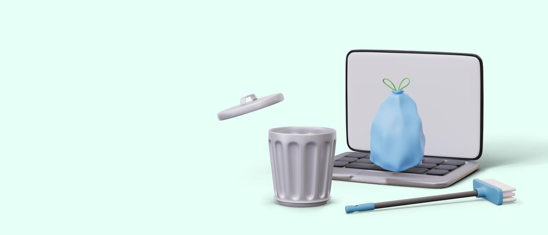 Realistic laptop, bag with ties, metal dustbin with lid, brush vector