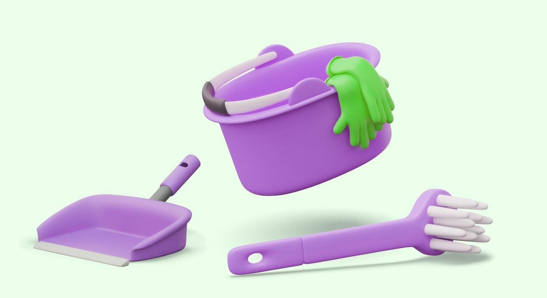 Purple bucket with rubber gloves, plastic brush, scoop. concept of cleaning vector
