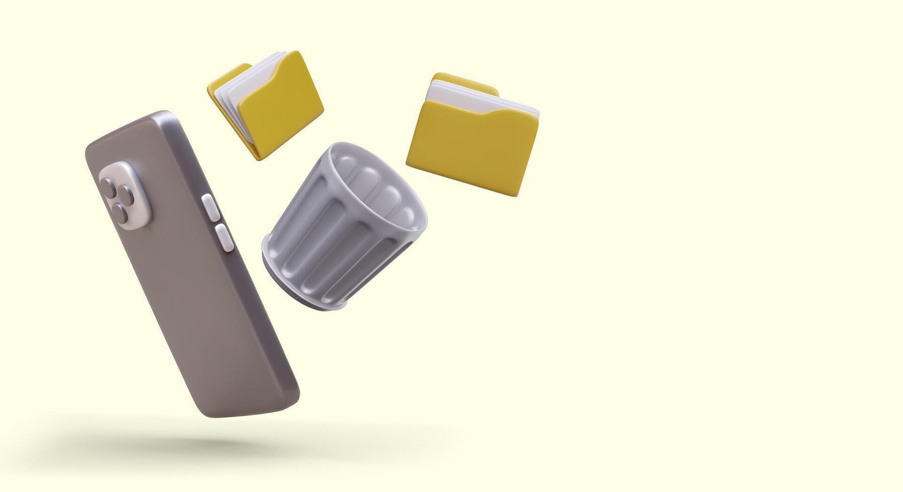 Concept of phone memory cleaning application. Realistic smartphone, folders, metal trash can vector