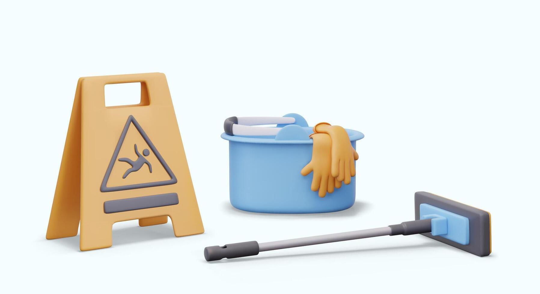 Plastic banner with danger sign, slippery floor, bucket with rubber gloves, mop vector