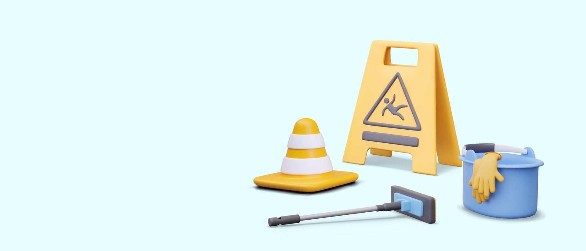 Indoor floor cleaning concept. Fencing equipment for wet areas, signal cone, bucket with gloves, mop vector