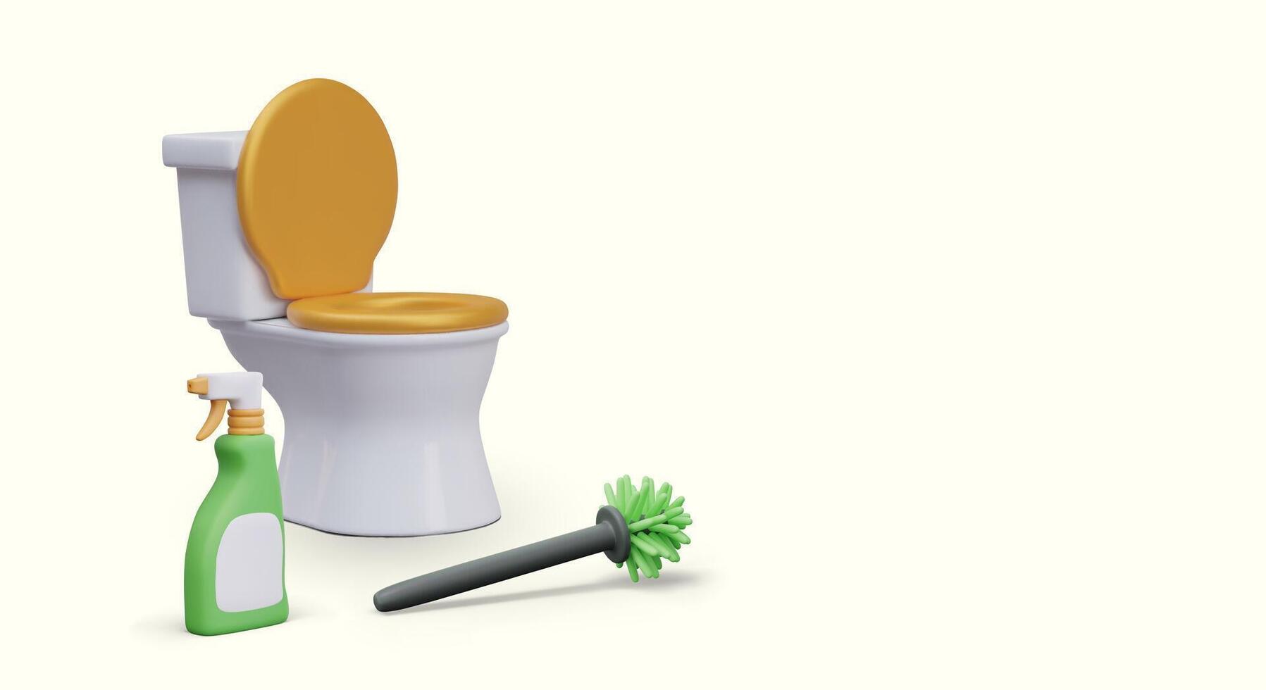 Realistic toilet with raised seat, brush, plastic spray bottle with empty label vector