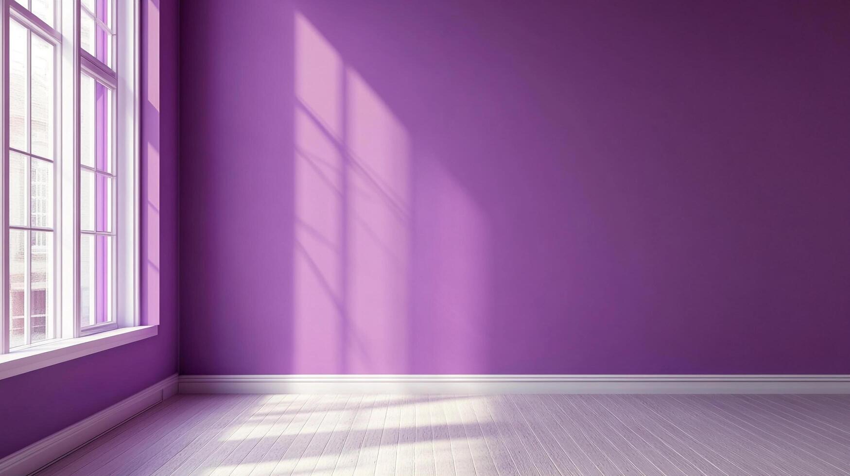 Sunlit violet room with large window. Shadows stretch across the purple walls and highlight the texture of the white wooden floor. photo
